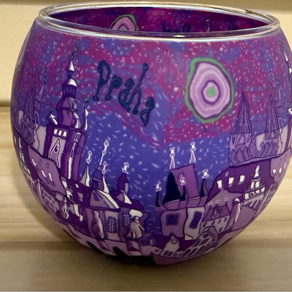 Vibrant Purple Prague/Praha Cityscape Handmade Glowing Candle Holder